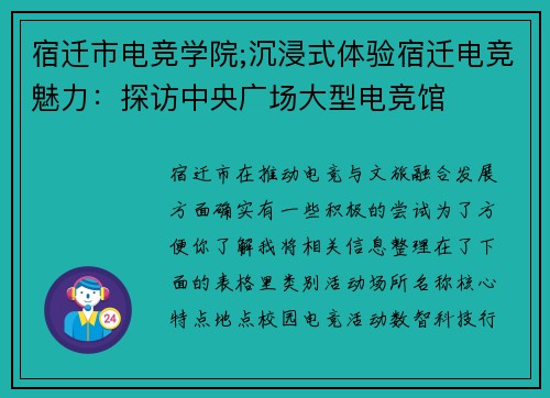 宿迁市电竞学院;沉浸式体验宿迁电竞魅力：探访中央广场大型电竞馆